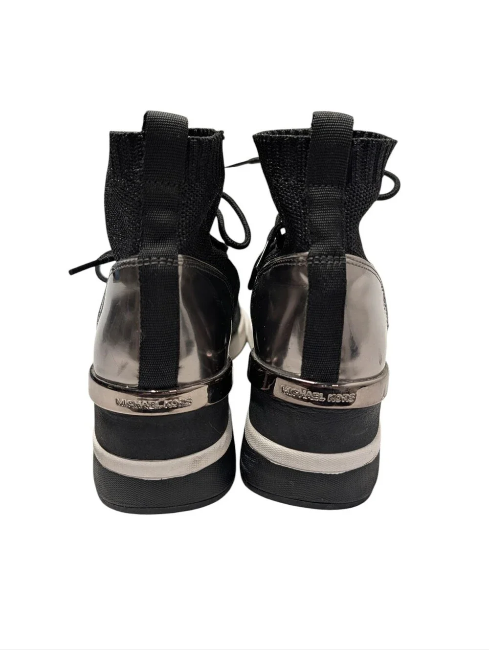 Michael Kors Women's Skyler Black Knit High Top Sock Sneakers Metallic Heel Sz 9